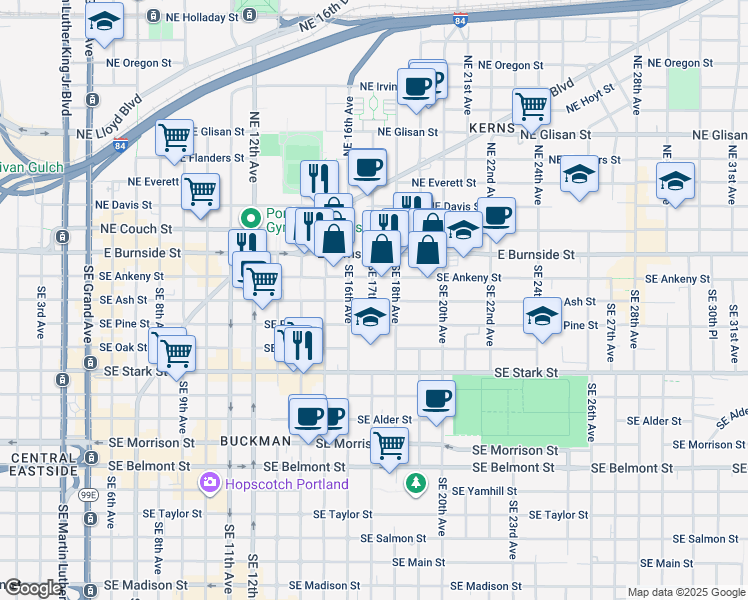 map of restaurants, bars, coffee shops, grocery stores, and more near 1628 Southeast Ankeny Street in Portland