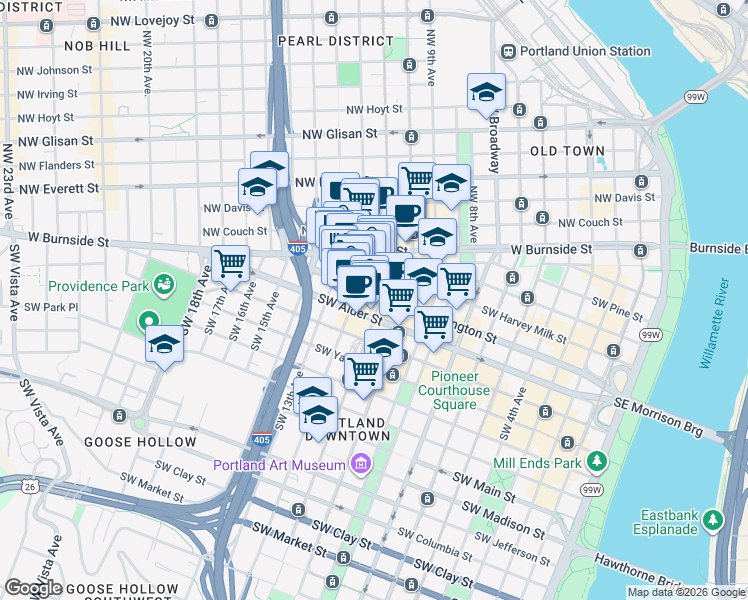 map of restaurants, bars, coffee shops, grocery stores, and more near 1205 Southwest Washington Street in Portland