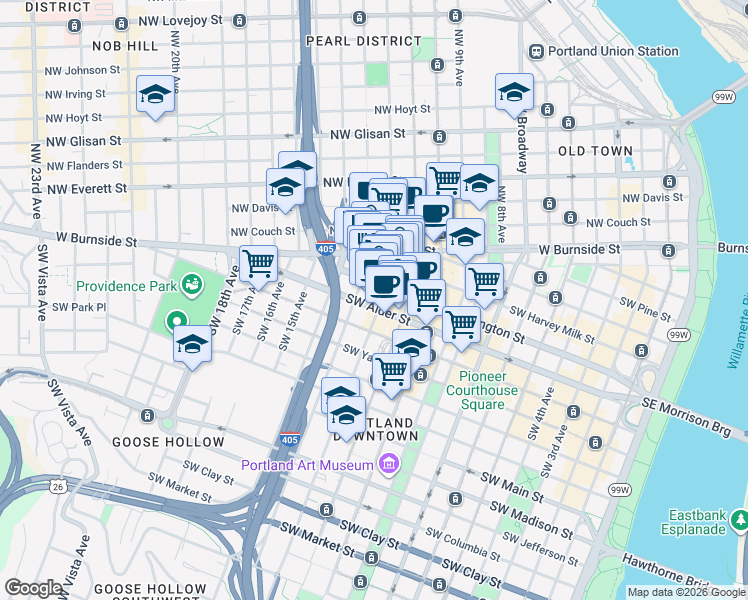 map of restaurants, bars, coffee shops, grocery stores, and more near 1205 Southwest Washington Street in Portland