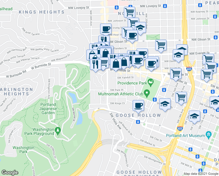 map of restaurants, bars, coffee shops, grocery stores, and more near 831 Southwest Vista Avenue in Portland