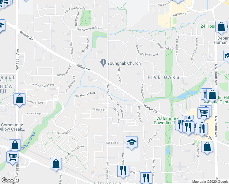 map of restaurants, bars, coffee shops, grocery stores, and more near 17260 Northwest Gables Creek Lane in Beaverton