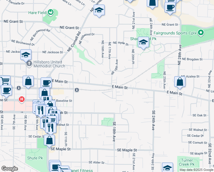map of restaurants, bars, coffee shops, grocery stores, and more near 136 Northeast 16th Court in Hillsboro