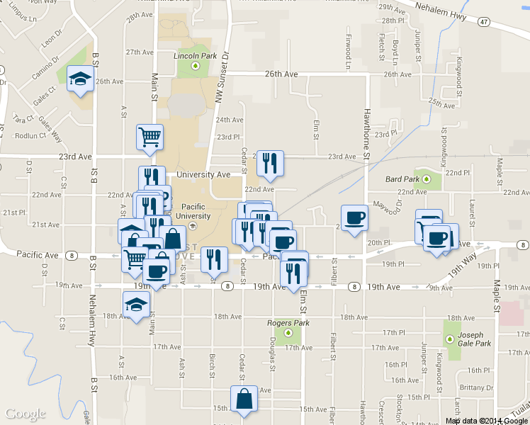 map of restaurants, bars, coffee shops, grocery stores, and more near 2132 Douglas Street in Forest Grove