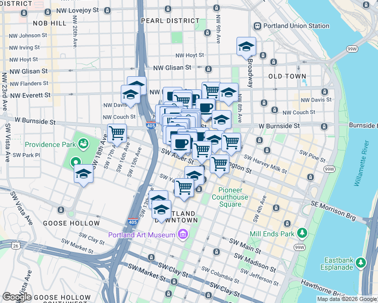 map of restaurants, bars, coffee shops, grocery stores, and more near 1140 Southwest Washington Street in Portland