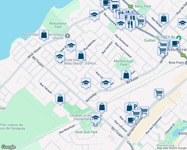 map of restaurants, bars, coffee shops, grocery stores, and more near 3353 Rue Savard in Montréal