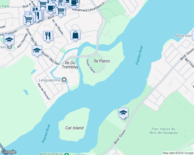 map of restaurants, bars, coffee shops, grocery stores, and more near 4540 Promenade Paton in Laval