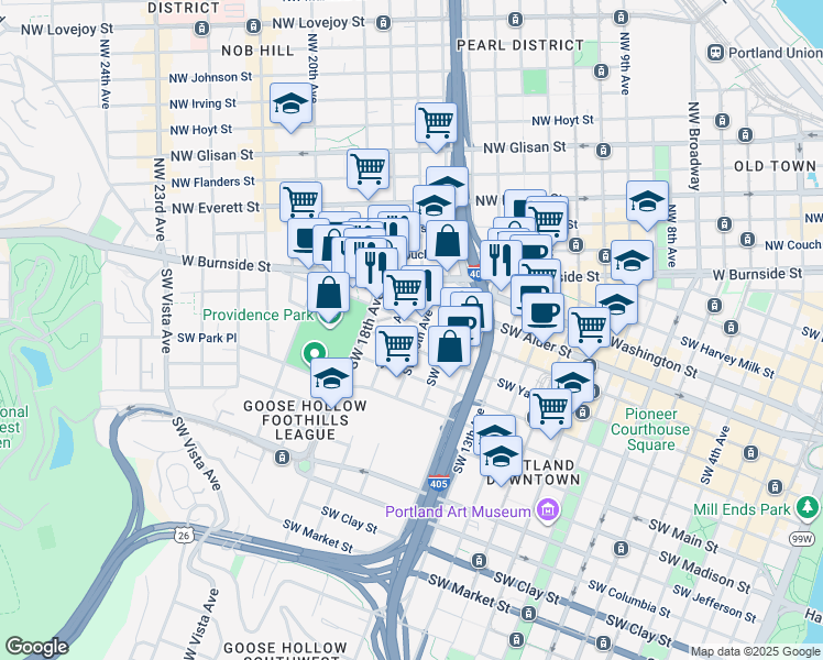 map of restaurants, bars, coffee shops, grocery stores, and more near 709 Southwest 16th Avenue in Portland