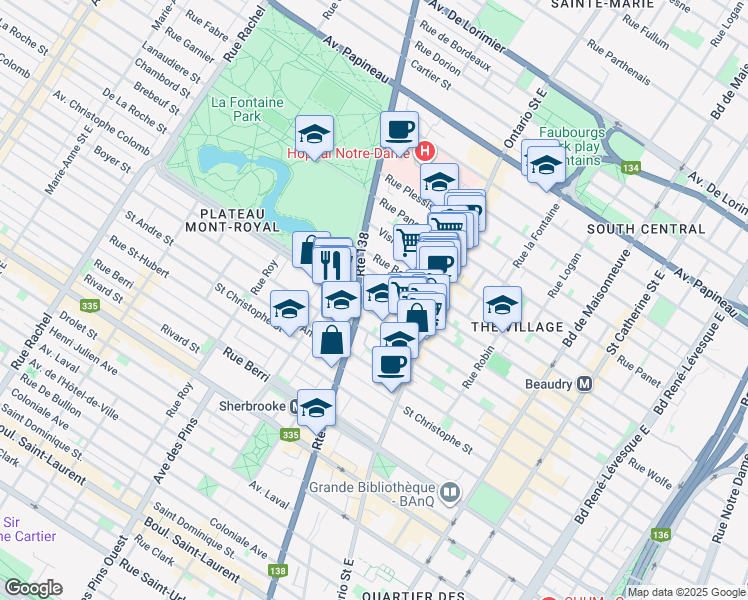 map of restaurants, bars, coffee shops, grocery stores, and more near in Montreal