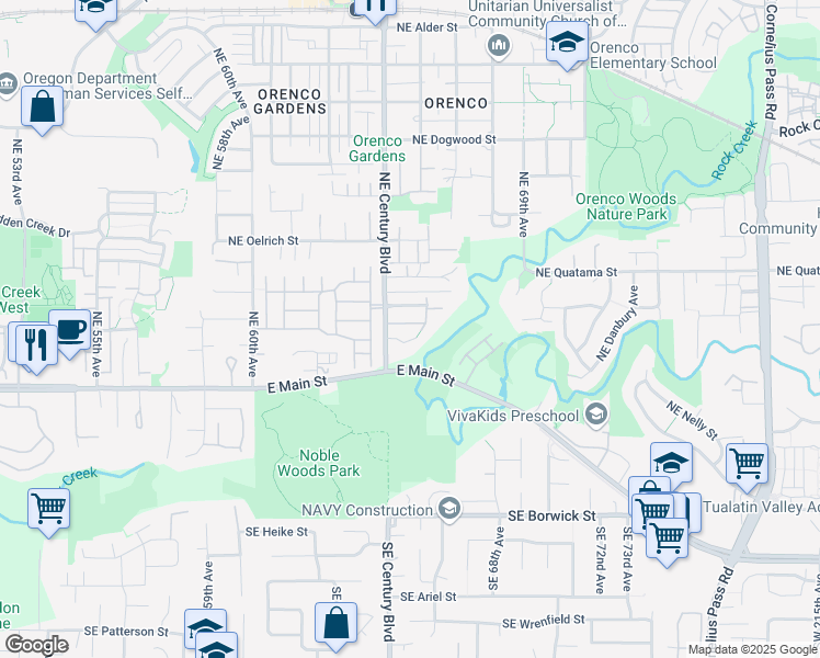 map of restaurants, bars, coffee shops, grocery stores, and more near 6502 Northeast Deer Run Street in Hillsboro