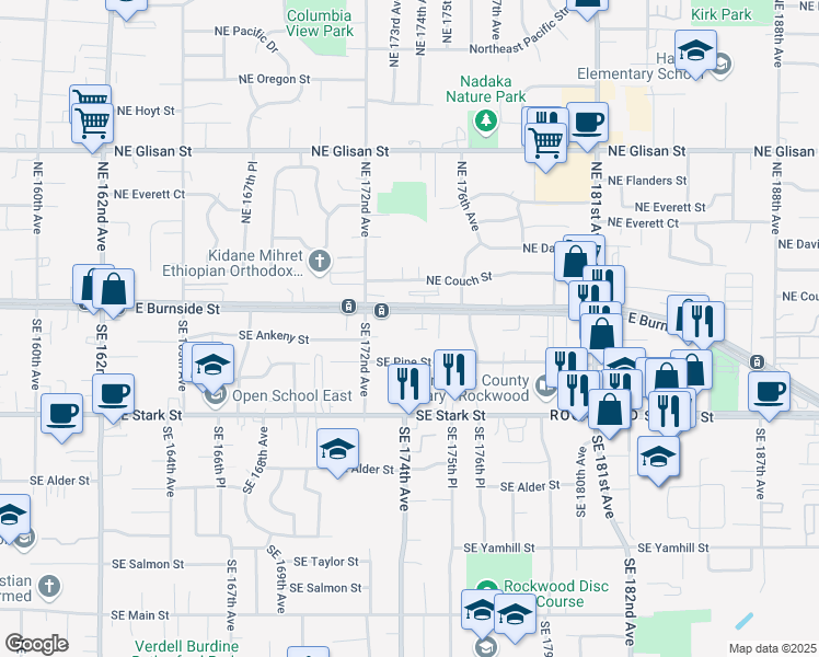 map of restaurants, bars, coffee shops, grocery stores, and more near 17316 East Burnside Street in Portland