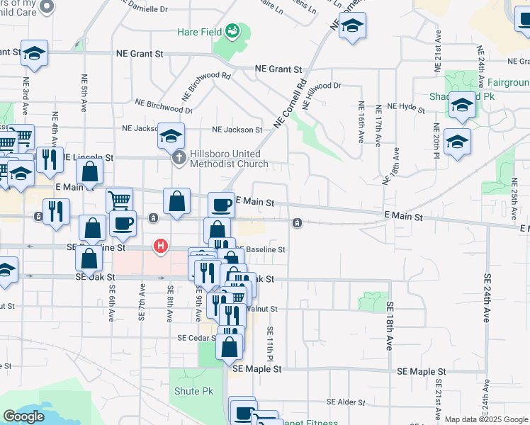 map of restaurants, bars, coffee shops, grocery stores, and more near 1123 East Main Street in Hillsboro