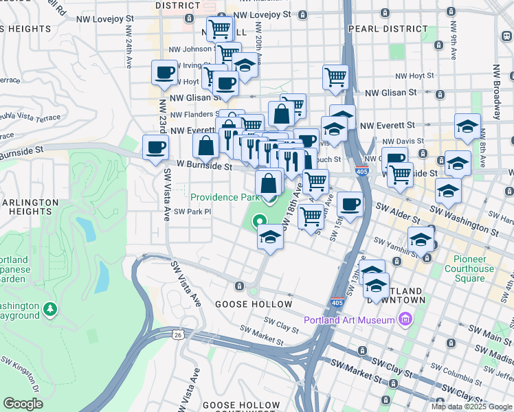 map of restaurants, bars, coffee shops, grocery stores, and more near 1849 Southwest Salmon Street in Portland