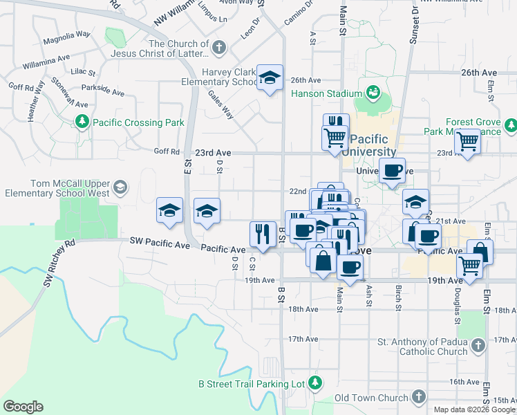 map of restaurants, bars, coffee shops, grocery stores, and more near 2117 C Street in Forest Grove