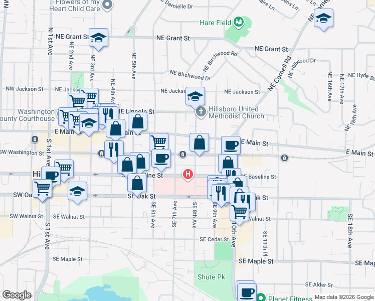 map of restaurants, bars, coffee shops, grocery stores, and more near in Hillsboro