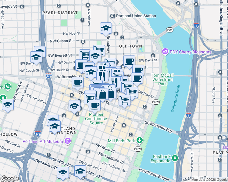 map of restaurants, bars, coffee shops, grocery stores, and more near 550 Southwest Oak Street in Portland