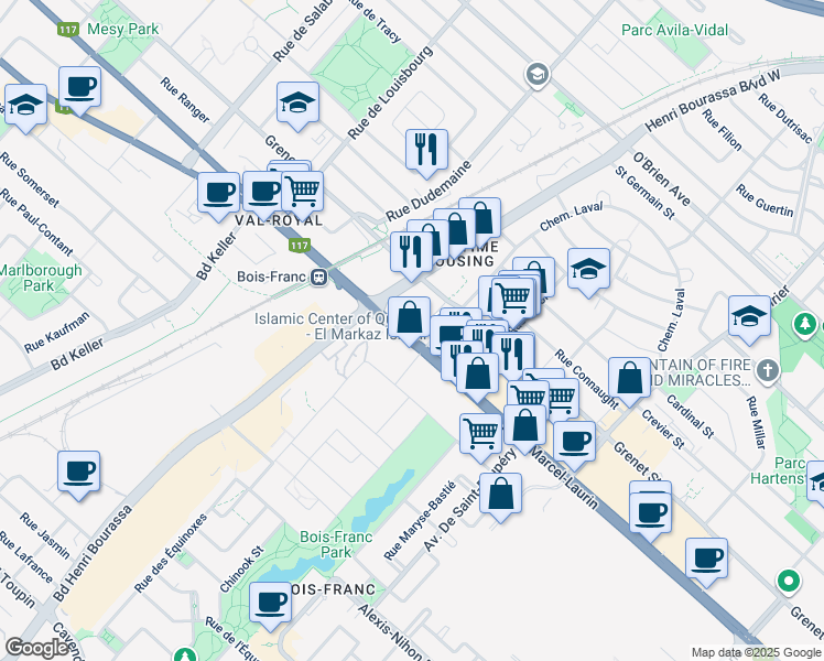 map of restaurants, bars, coffee shops, grocery stores, and more near 2505 Boulevard Marcel-Laurin in Montréal