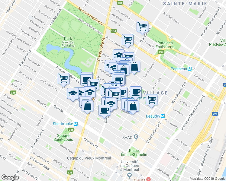 map of restaurants, bars, coffee shops, grocery stores, and more near 2047 Rue Montcalm in Montréal