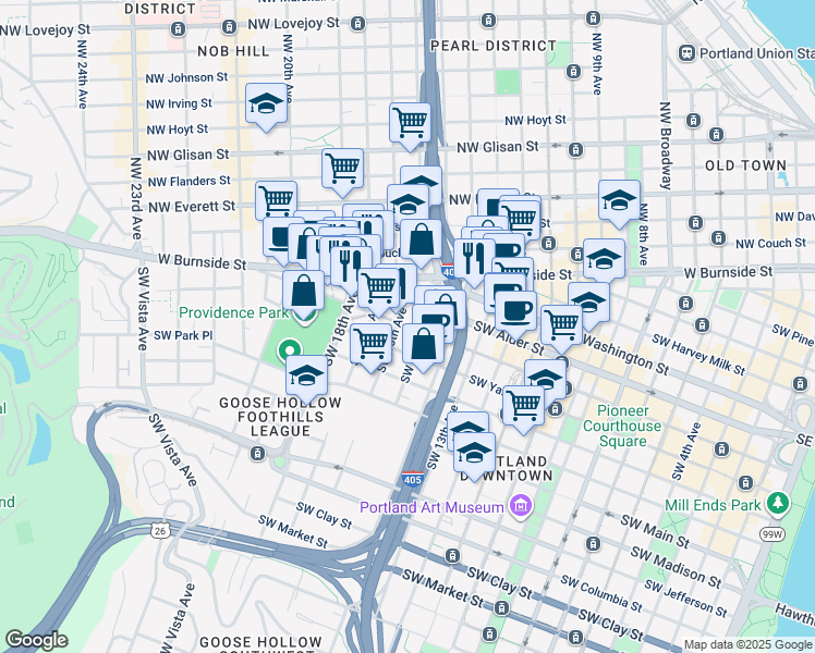 map of restaurants, bars, coffee shops, grocery stores, and more near Southwest Morrison Street in Portland