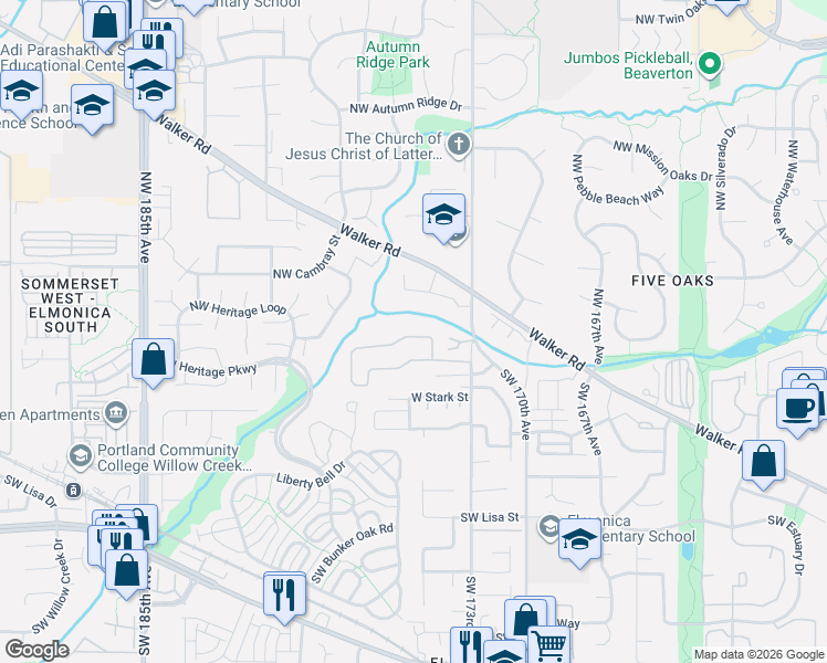 map of restaurants, bars, coffee shops, grocery stores, and more near 17728 Northwest Shady Fir Loop in Beaverton