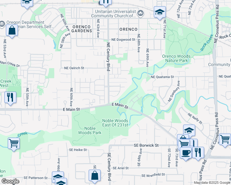 map of restaurants, bars, coffee shops, grocery stores, and more near 6554 Northeast Forest Lane in Hillsboro