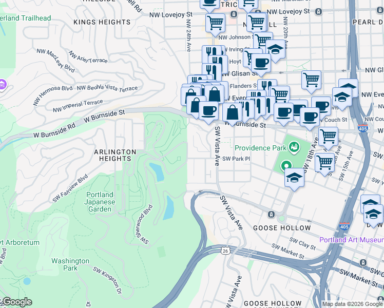map of restaurants, bars, coffee shops, grocery stores, and more near 2393 Southwest Park Place in Portland