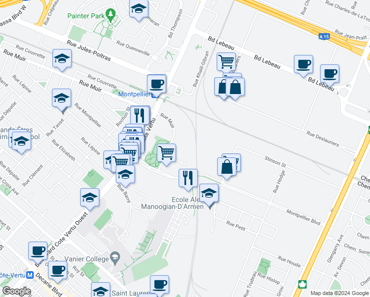 map of restaurants, bars, coffee shops, grocery stores, and more near 755 Rue Muir in Montréal