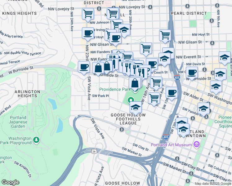 map of restaurants, bars, coffee shops, grocery stores, and more near 852 Southwest 21st Avenue in Portland