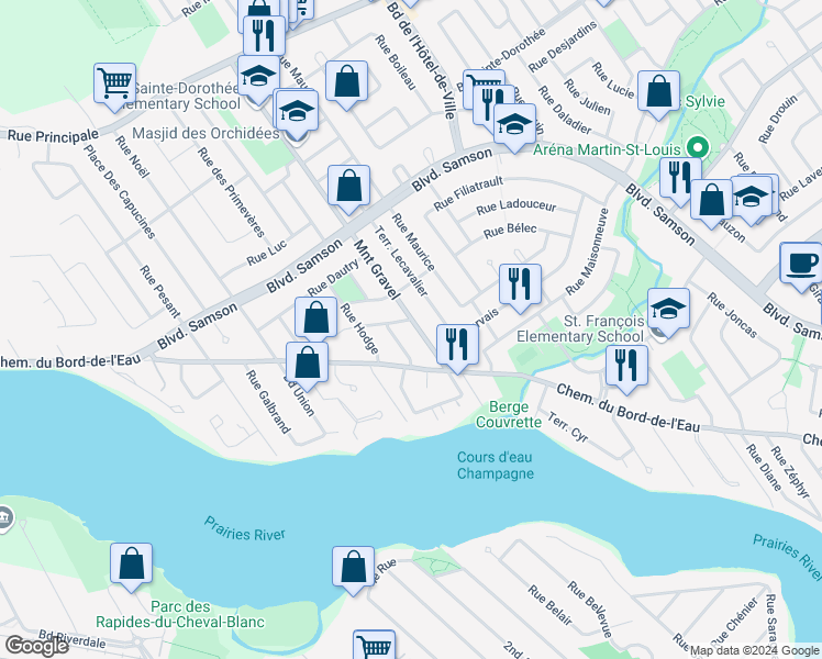 map of restaurants, bars, coffee shops, grocery stores, and more near 734 Montée Gravel in Laval