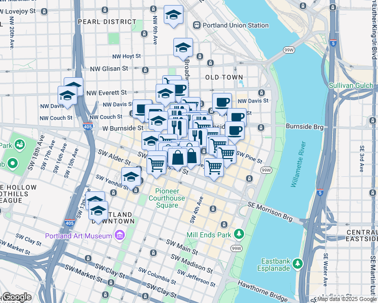 map of restaurants, bars, coffee shops, grocery stores, and more near 309 Southwest 6th Avenue in Portland