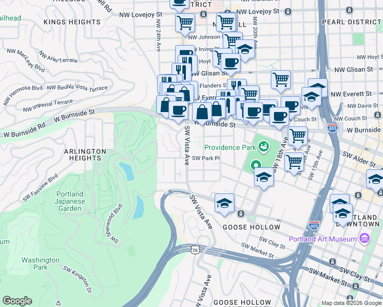 map of restaurants, bars, coffee shops, grocery stores, and more near 2245 Southwest Park Place in Portland