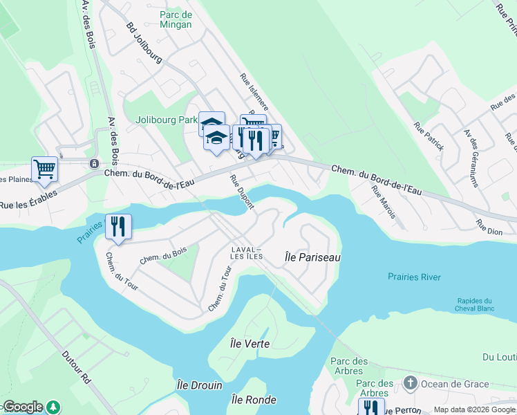 map of restaurants, bars, coffee shops, grocery stores, and more near 385 Chemin du Tour in Laval
