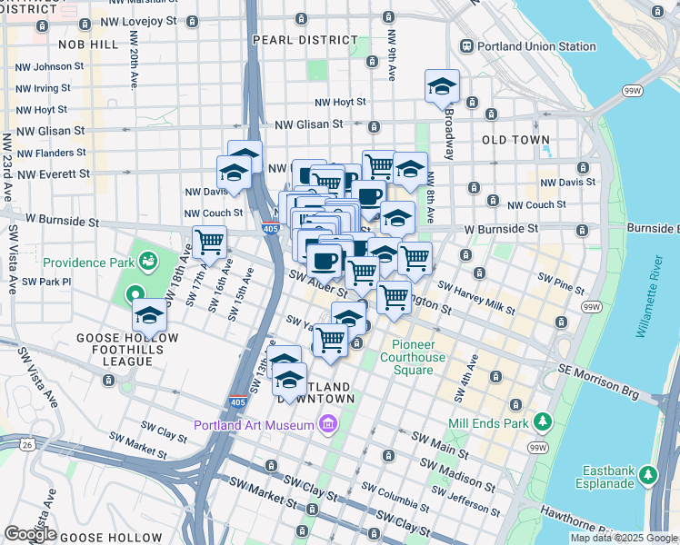 map of restaurants, bars, coffee shops, grocery stores, and more near 1205 Southwest Washington Street in Portland