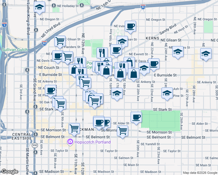 map of restaurants, bars, coffee shops, grocery stores, and more near 135 Southeast 16th Avenue in Portland