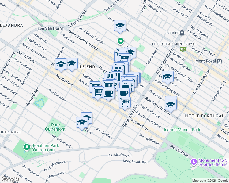map of restaurants, bars, coffee shops, grocery stores, and more near 5188 Avenue de l'Esplanade in Montréal