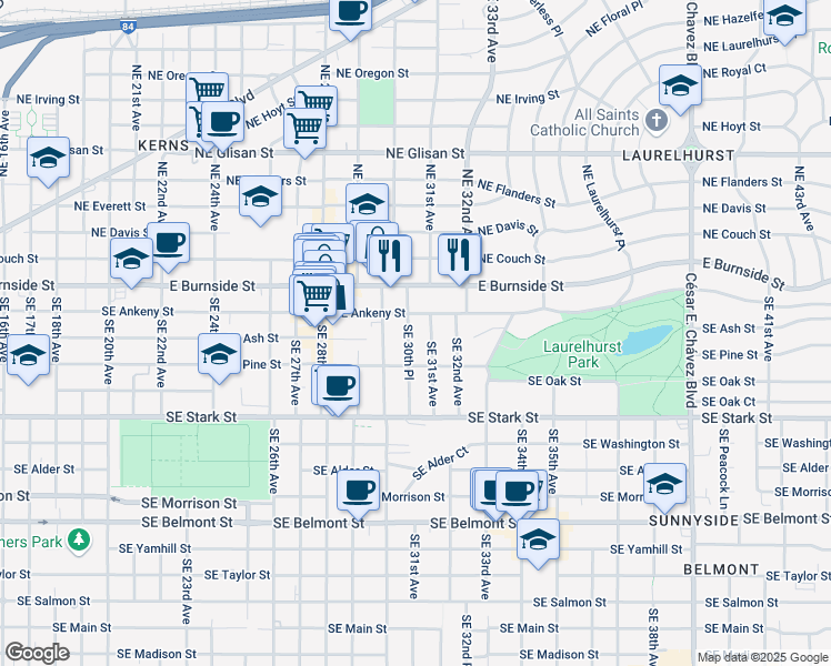 map of restaurants, bars, coffee shops, grocery stores, and more near 107 Southeast 30th Place in Portland