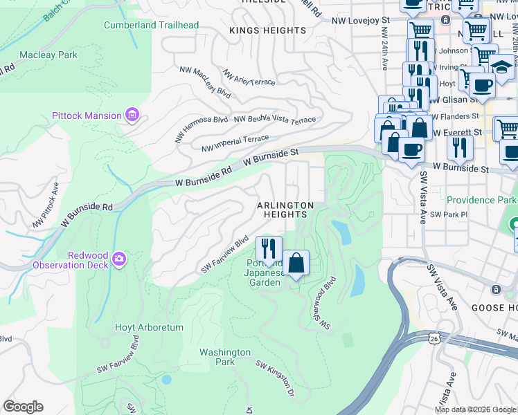 map of restaurants, bars, coffee shops, grocery stores, and more near 2882 Southwest Champlain Drive in Portland