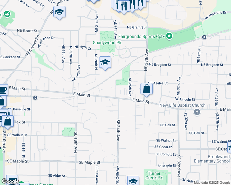map of restaurants, bars, coffee shops, grocery stores, and more near 166 Northeast 24th Avenue in Hillsboro
