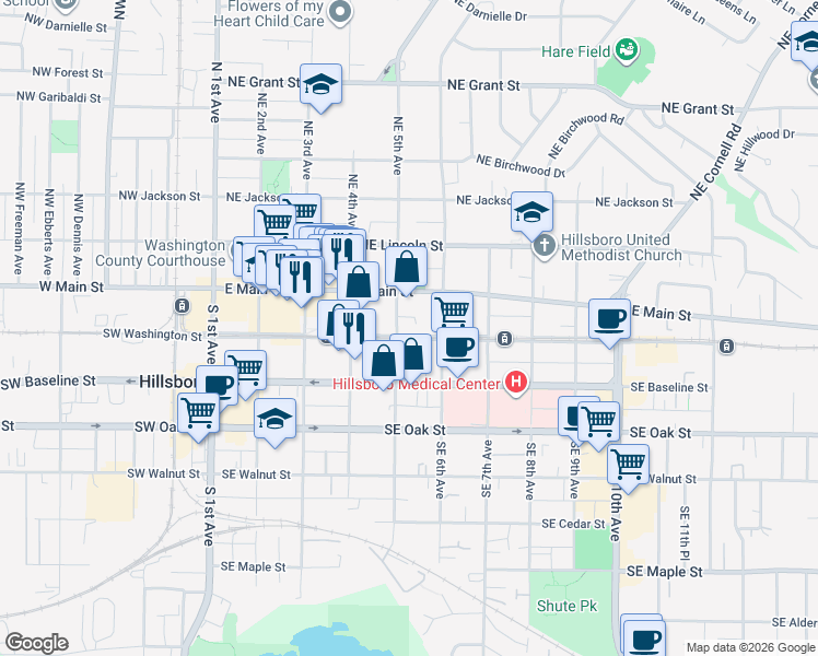 map of restaurants, bars, coffee shops, grocery stores, and more near 134 Southeast 5th Avenue in Hillsboro