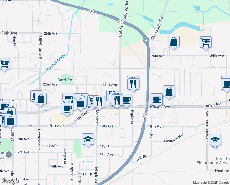 map of restaurants, bars, coffee shops, grocery stores, and more near 3334 22nd Avenue in Forest Grove