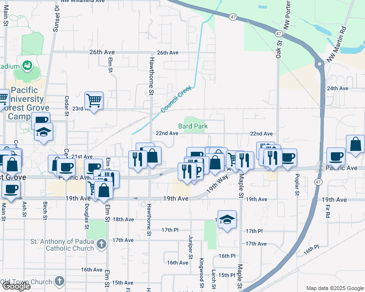 map of restaurants, bars, coffee shops, grocery stores, and more near 2828 22nd Avenue in Forest Grove