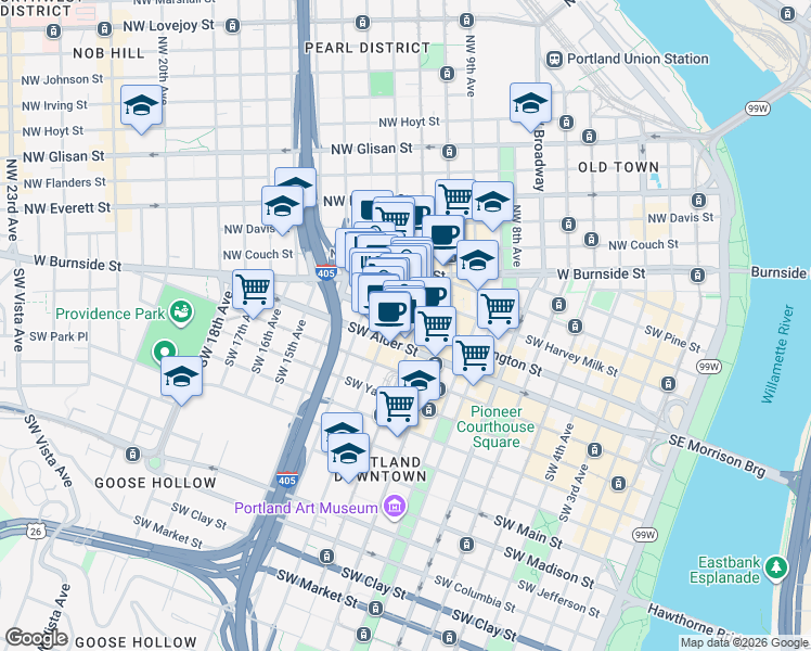 map of restaurants, bars, coffee shops, grocery stores, and more near 1140 Southwest Washington Street in Portland