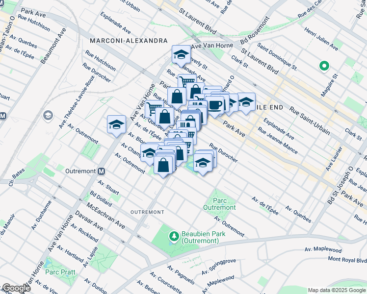 map of restaurants, bars, coffee shops, grocery stores, and more near 1125 Avenue Bernard in Montréal