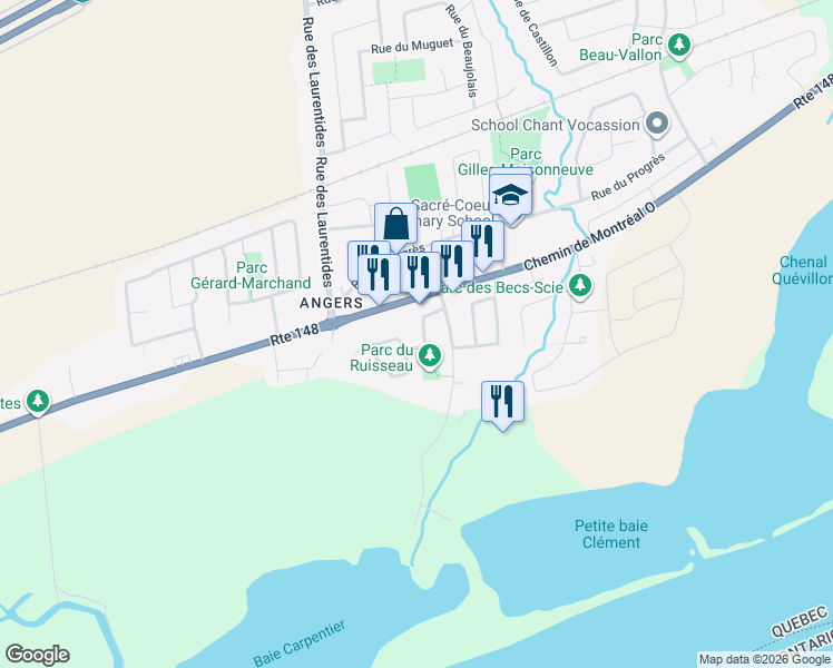 map of restaurants, bars, coffee shops, grocery stores, and more near 122 Rue des Malards in Gatineau