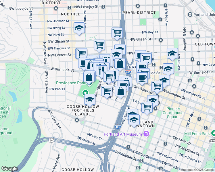map of restaurants, bars, coffee shops, grocery stores, and more near 1630 Southwest Morrison Street in Portland