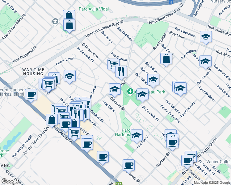 map of restaurants, bars, coffee shops, grocery stores, and more near 1460 Rue Poirier in Montréal