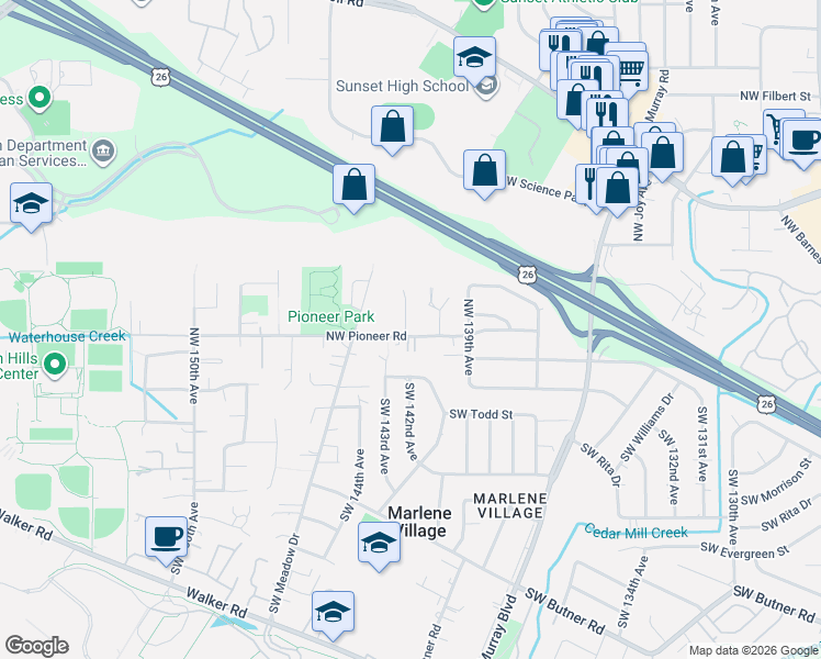 map of restaurants, bars, coffee shops, grocery stores, and more near 14155 Northwest Pioneer Road in Beaverton