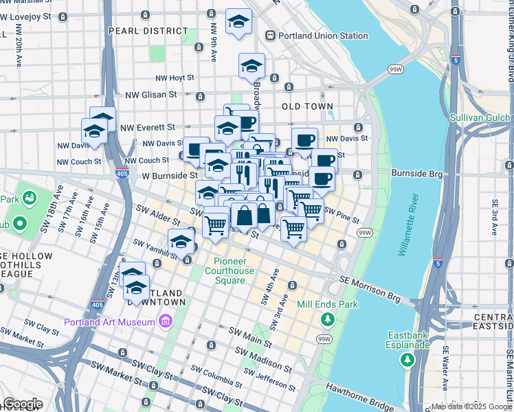 map of restaurants, bars, coffee shops, grocery stores, and more near 309 Southwest 6th Avenue in Portland
