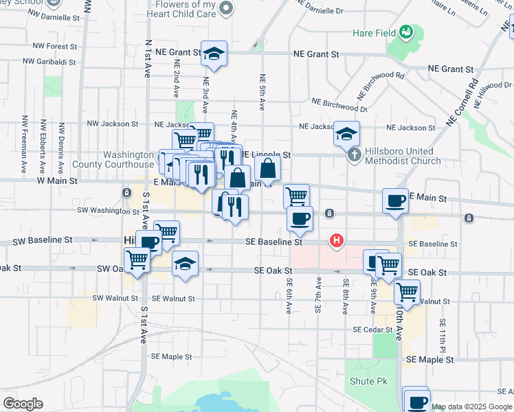 map of restaurants, bars, coffee shops, grocery stores, and more near 431 Southeast Washington Street in Hillsboro