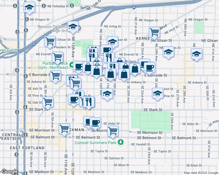 map of restaurants, bars, coffee shops, grocery stores, and more near 1705 Southeast Ash Street in Portland