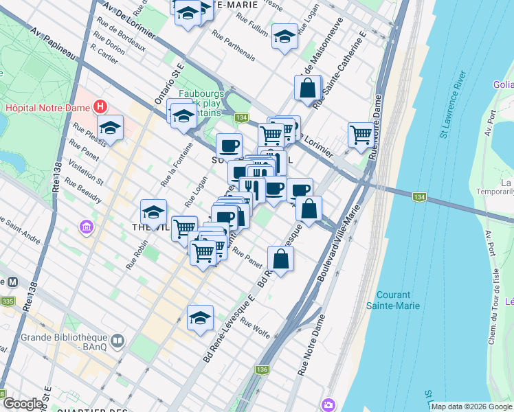 map of restaurants, bars, coffee shops, grocery stores, and more near 1585 Rue Gareau in Montréal